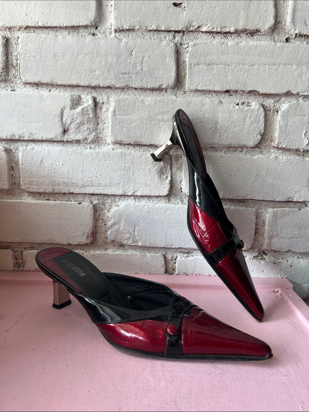 Bettina Liano Red and Black Pointed Slip-On Kitten Heels